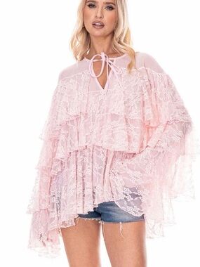A335. Sheer Pink Lace Ruffled Blouse